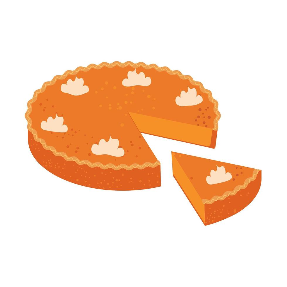 A whole pumpkin pie and a piece cut off. Traditional October pastry isolated on white background. vector