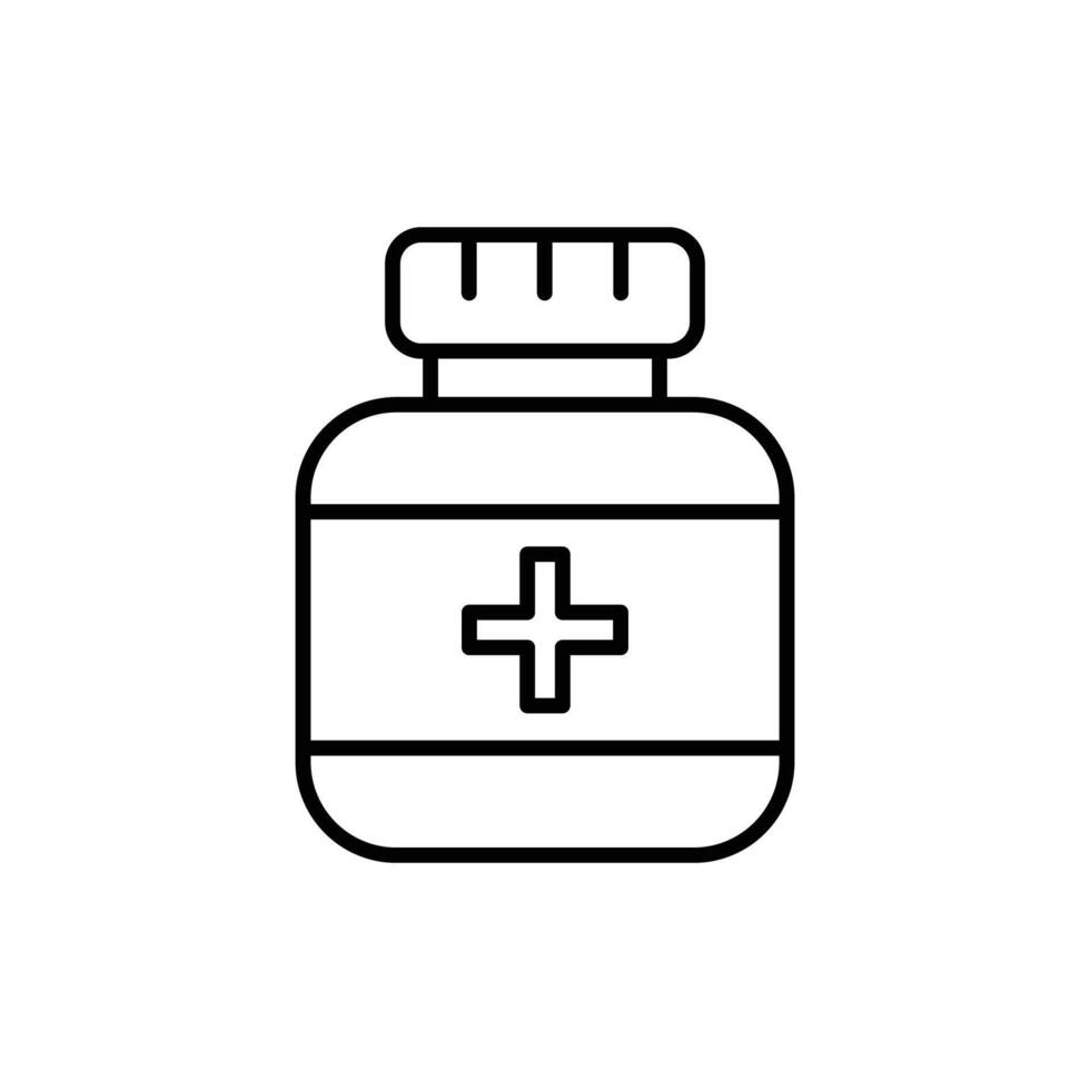 Medicine pill line icon. Outline style. Bottle with a medical cross isolated sign vector