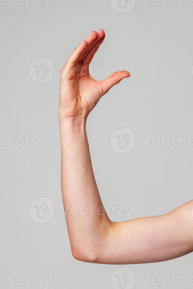 Elevated Bare Human Arm Bent at the Elbow Against a Neutral Background photo