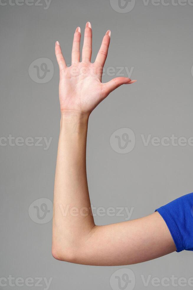 Female hand sign against gray background in studio photo