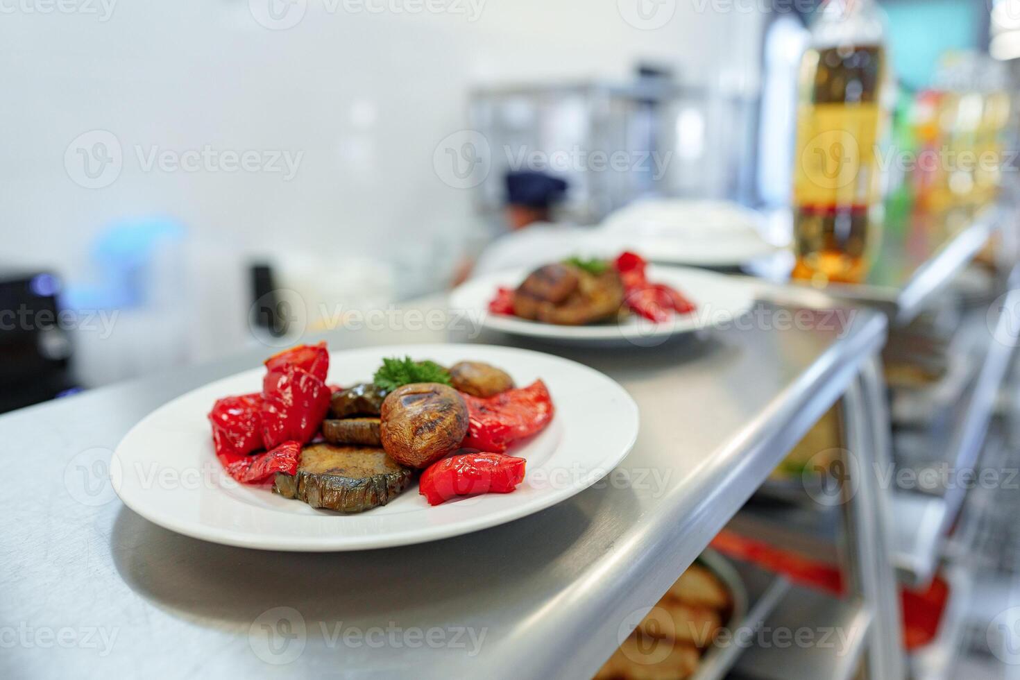 Assorted Gourmet Dishes Displayed on Shelves in a Modern Deli photo