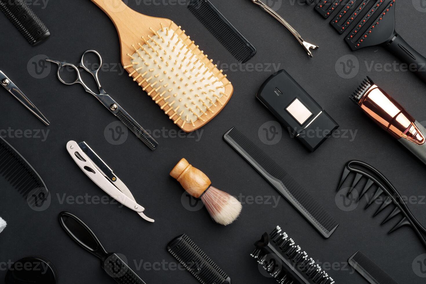 Variety of Hair Styling Tools and Accessories Displayed on a Dark Background photo