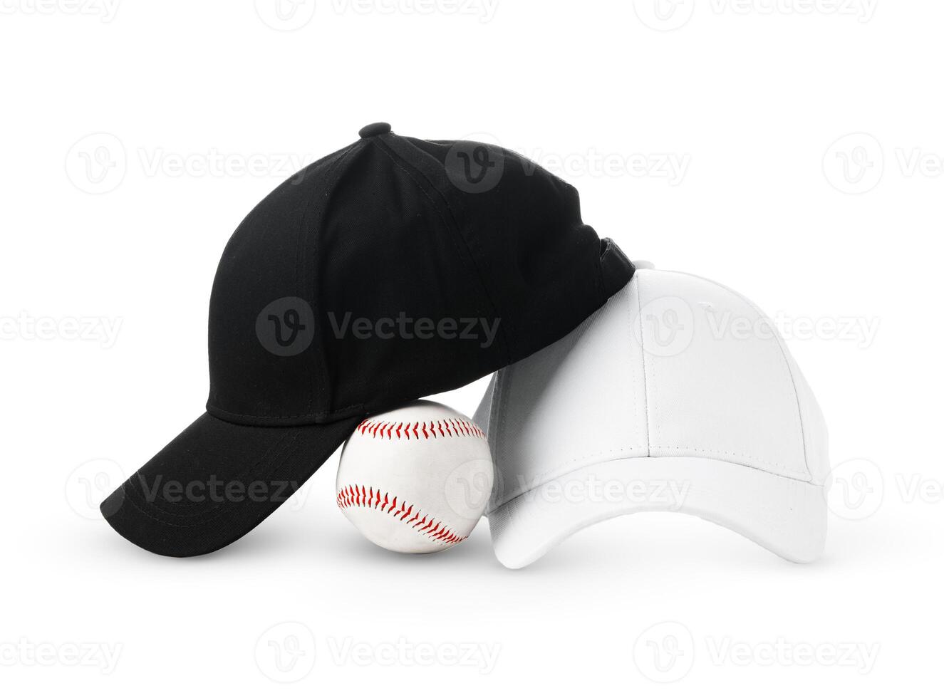 Black and White Baseball Caps Positioned Side by Side on a Clean White Background photo