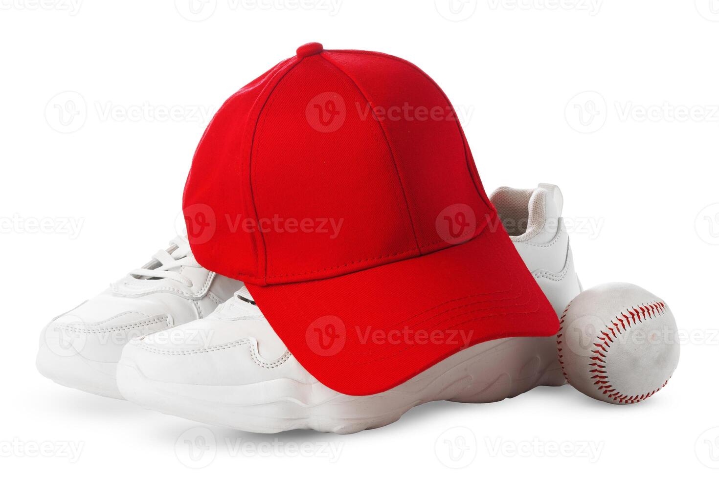 Red Baseball Cap, White Sneakers, and Ball on a white Background photo