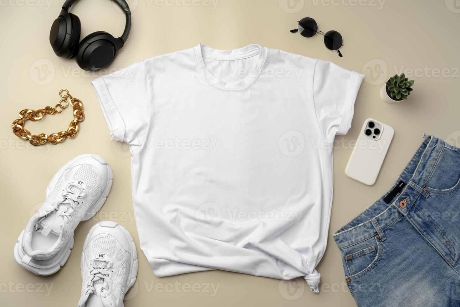 White T-shirt, jeans and sneakers on beige background photo