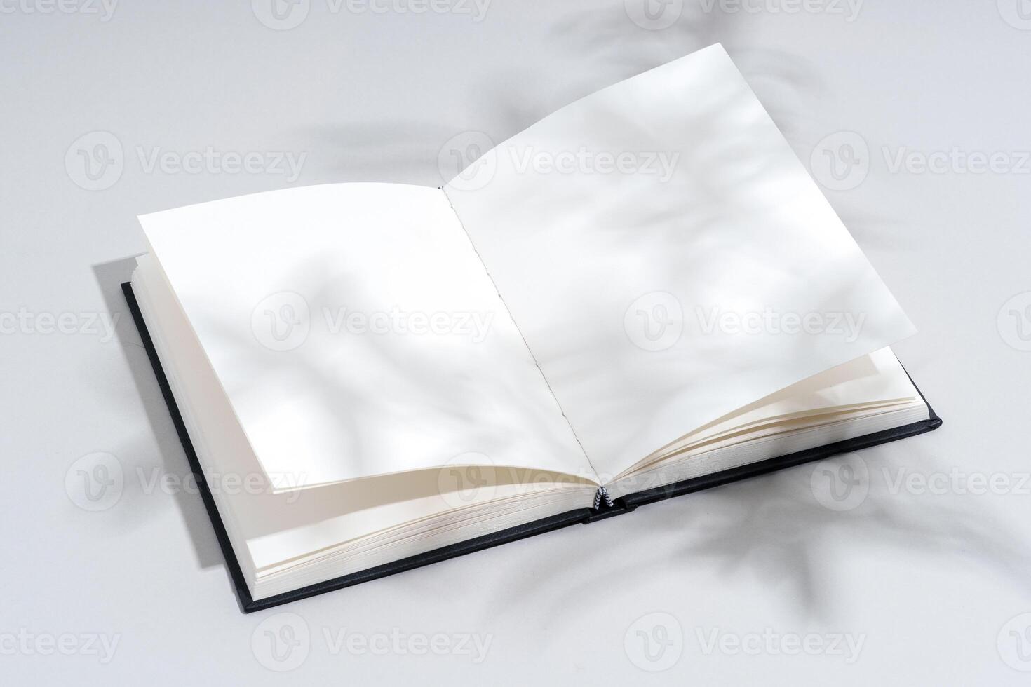 Blank open notepad on gray background studio shot photo