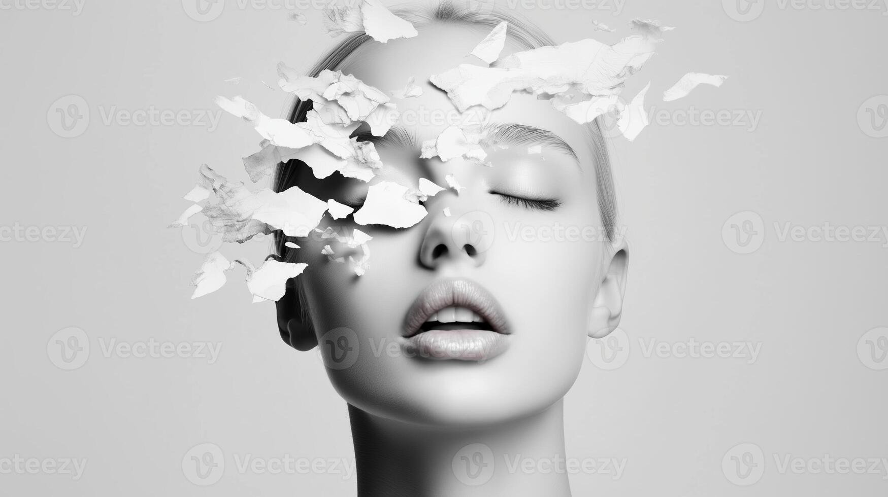 Artistic portrait featuring a woman with closed eyes and paper fragments floating around her head in a monochrome setting photo