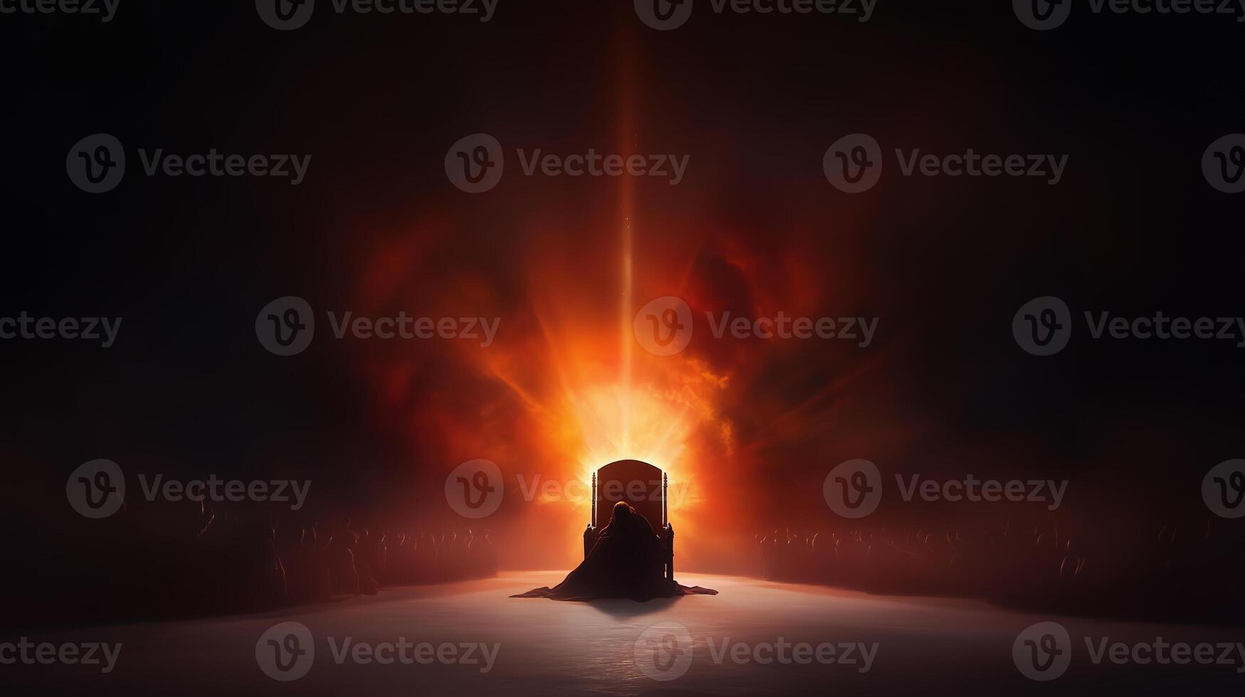 A figure seated on a throne illuminated by a powerful light source, creating an atmosphere of mystery and intrigue at dusk photo