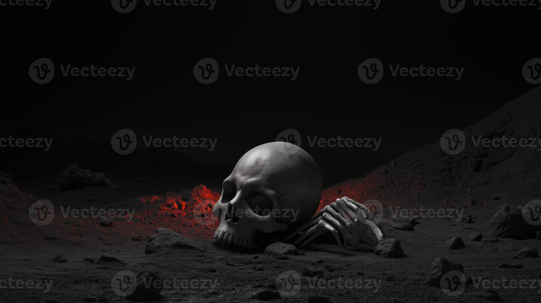 A detailed view of a skull and skeletal remains on a rocky, dark alien landscape illuminated by a subtle red glow photo