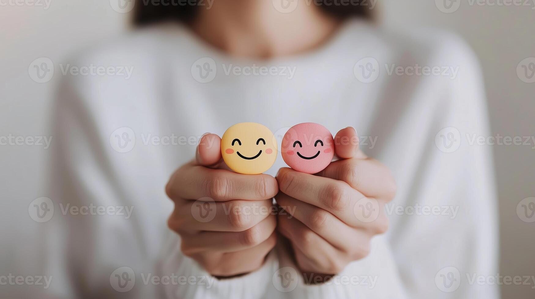 A person holds two smiling, colorful emoticons against a soft, neutral background, showcasing joy and positivity photo