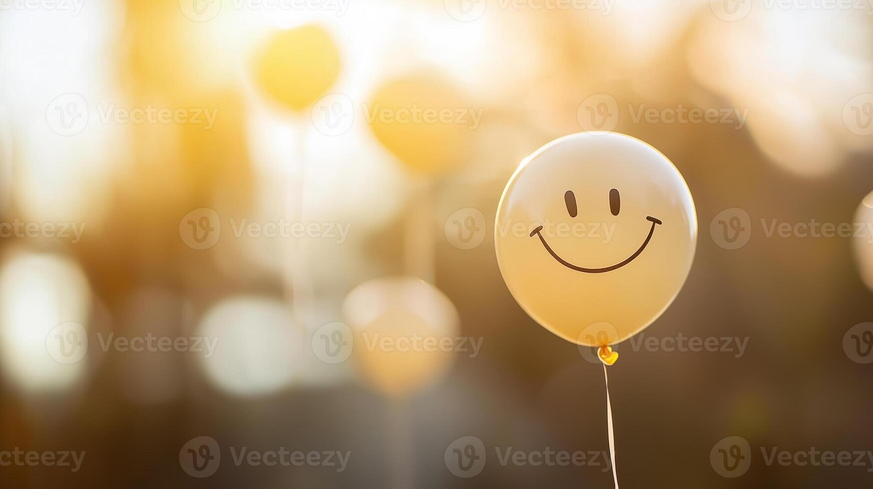 Joyful smiley balloons floating against a warm golden sunset backdrop in a festive outdoor setting photo