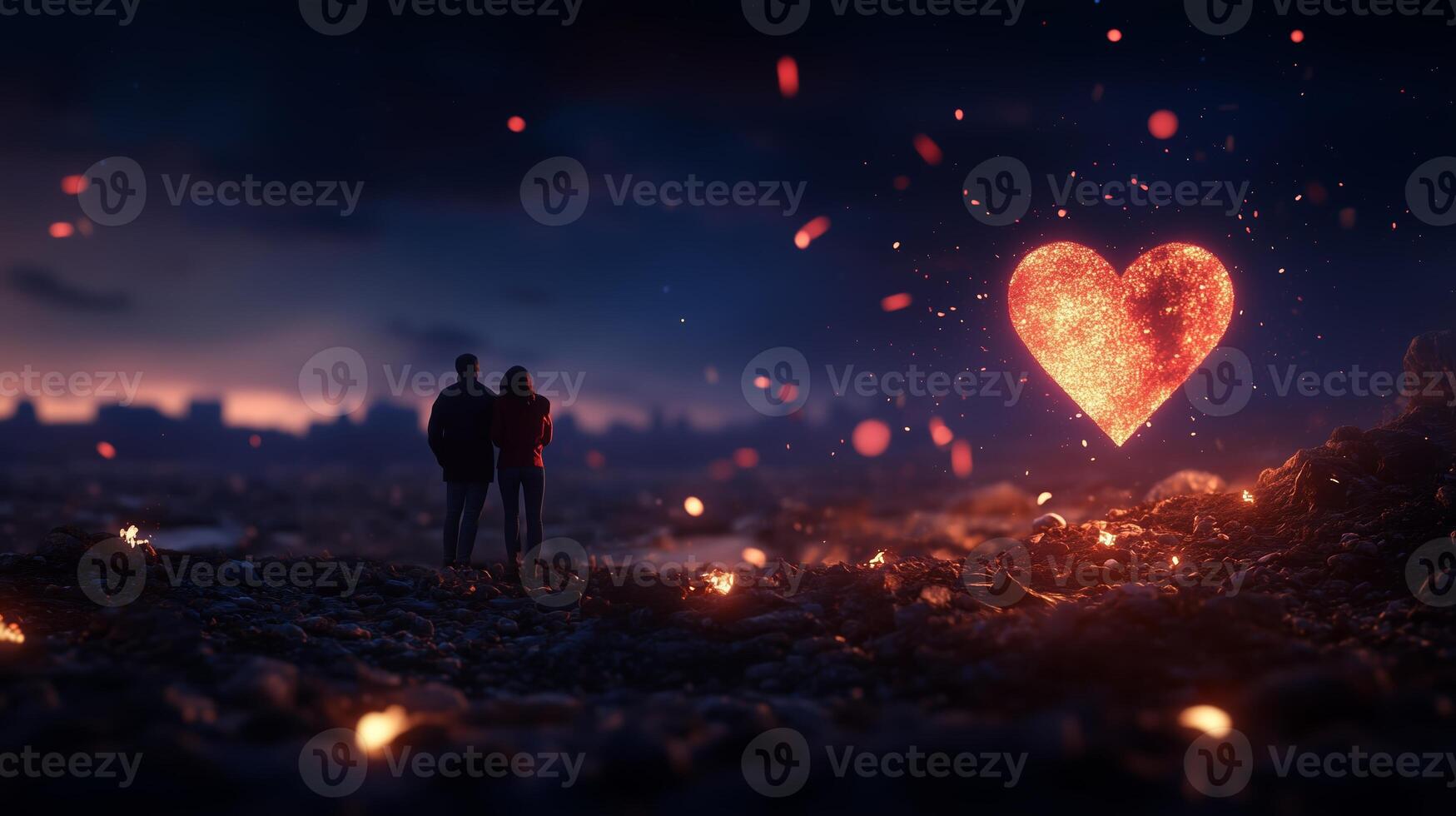 A couple stands together under a glowing heart-shaped fire at dusk in a dramatic landscape filled with glowing embers photo