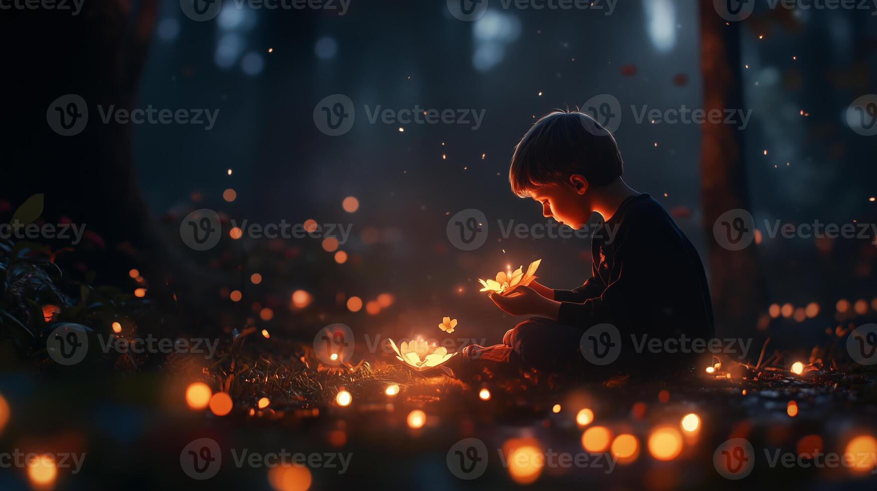 A young child marvels at glowing flowers in a tranquil forest at twilight, surrounded by a magical ambiance of shimmering lights photo