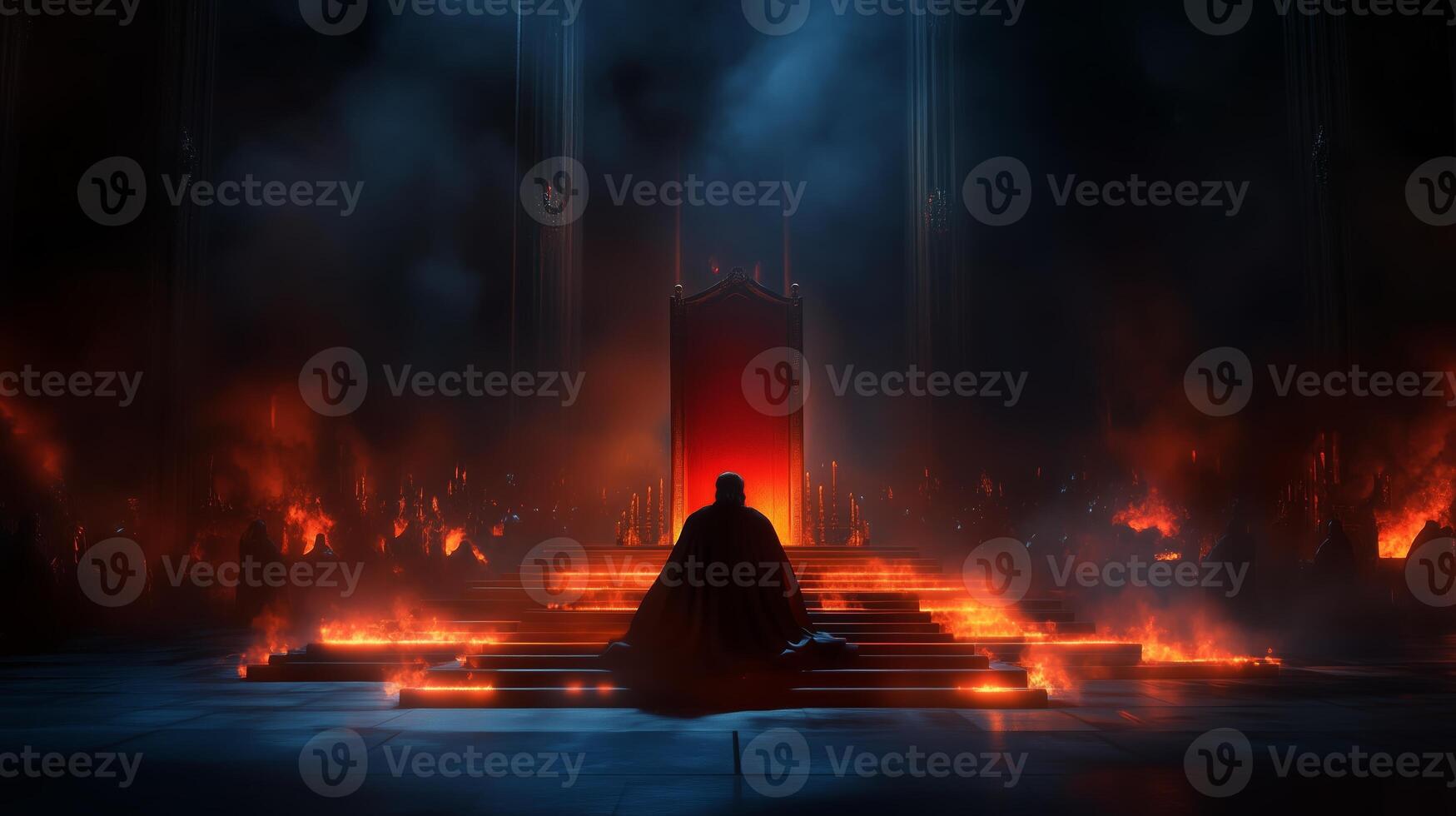 A lone figure sits on a throne surrounded by flames, set in a dark, ominous environment at a fictional castle photo