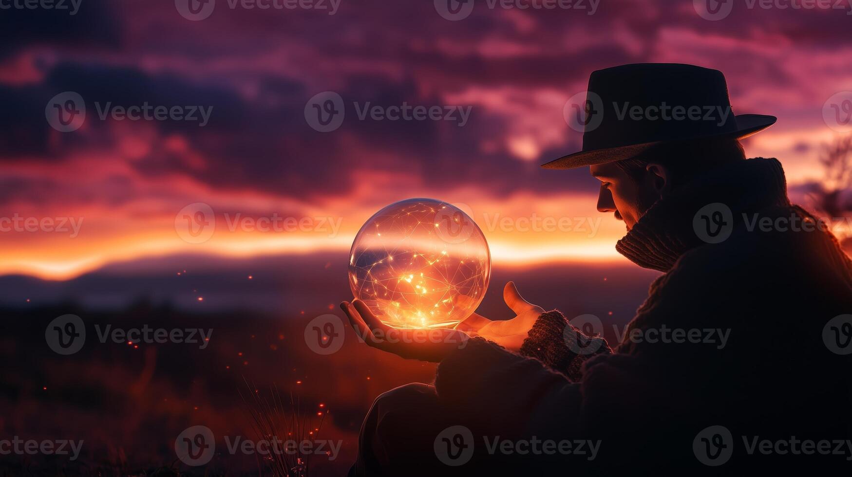 A person holds a glowing crystal ball under a vibrant sunset in a tranquil landscape while dressed warmly for the evening chill photo