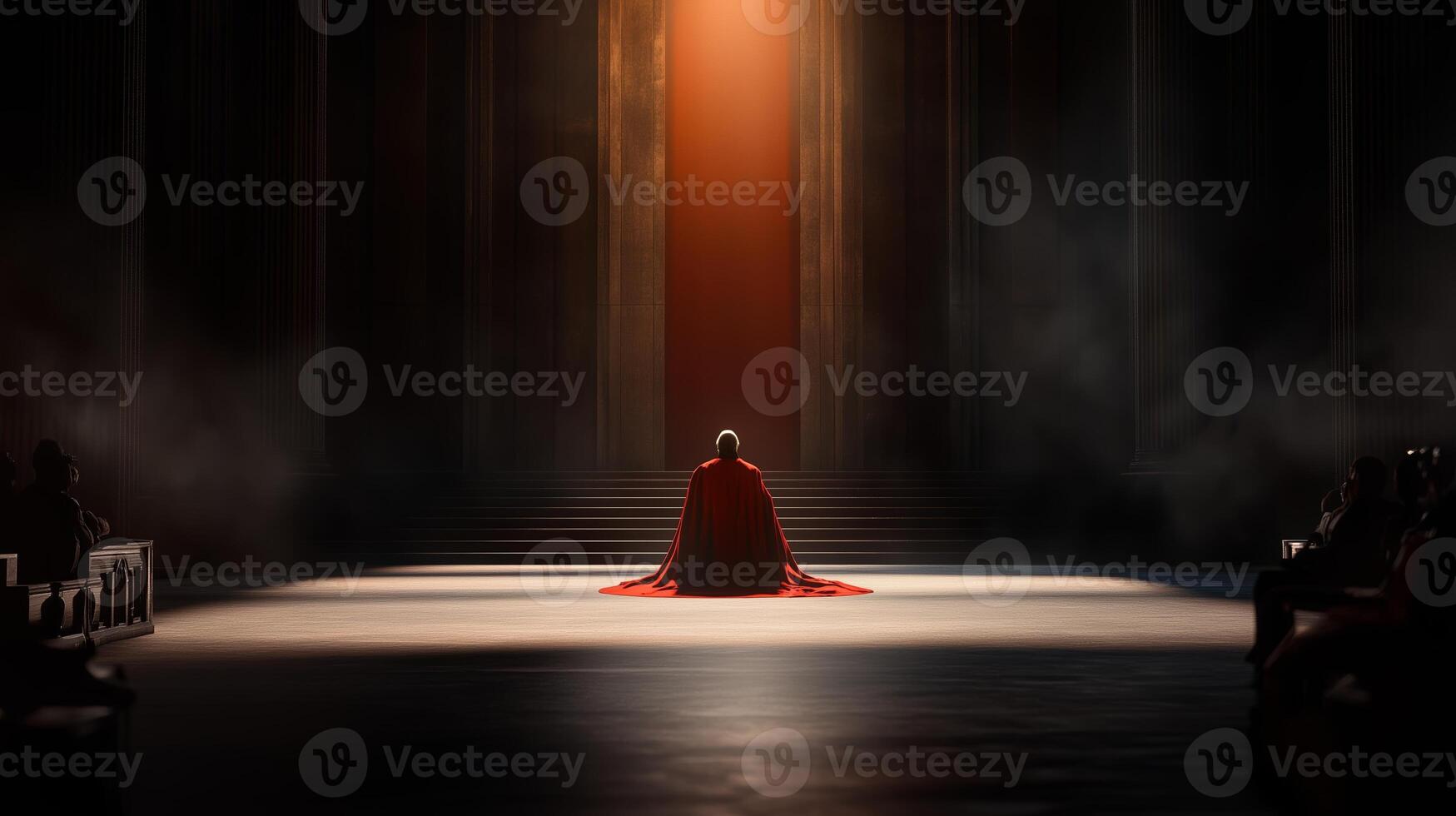 A solitary figure in a red cloak sits on the stage in a dramatic, dimly lit hall with towering columns during a moment of introspection photo
