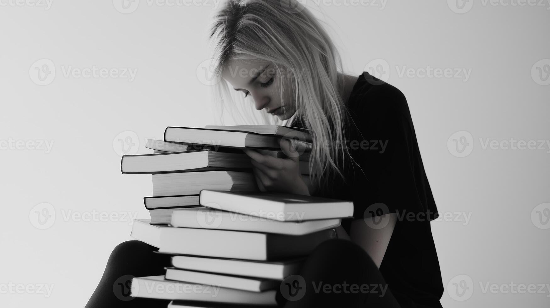 A young woman sits with a tower of books, absorbed in thought, in a minimalistic indoor space during her quiet study session photo