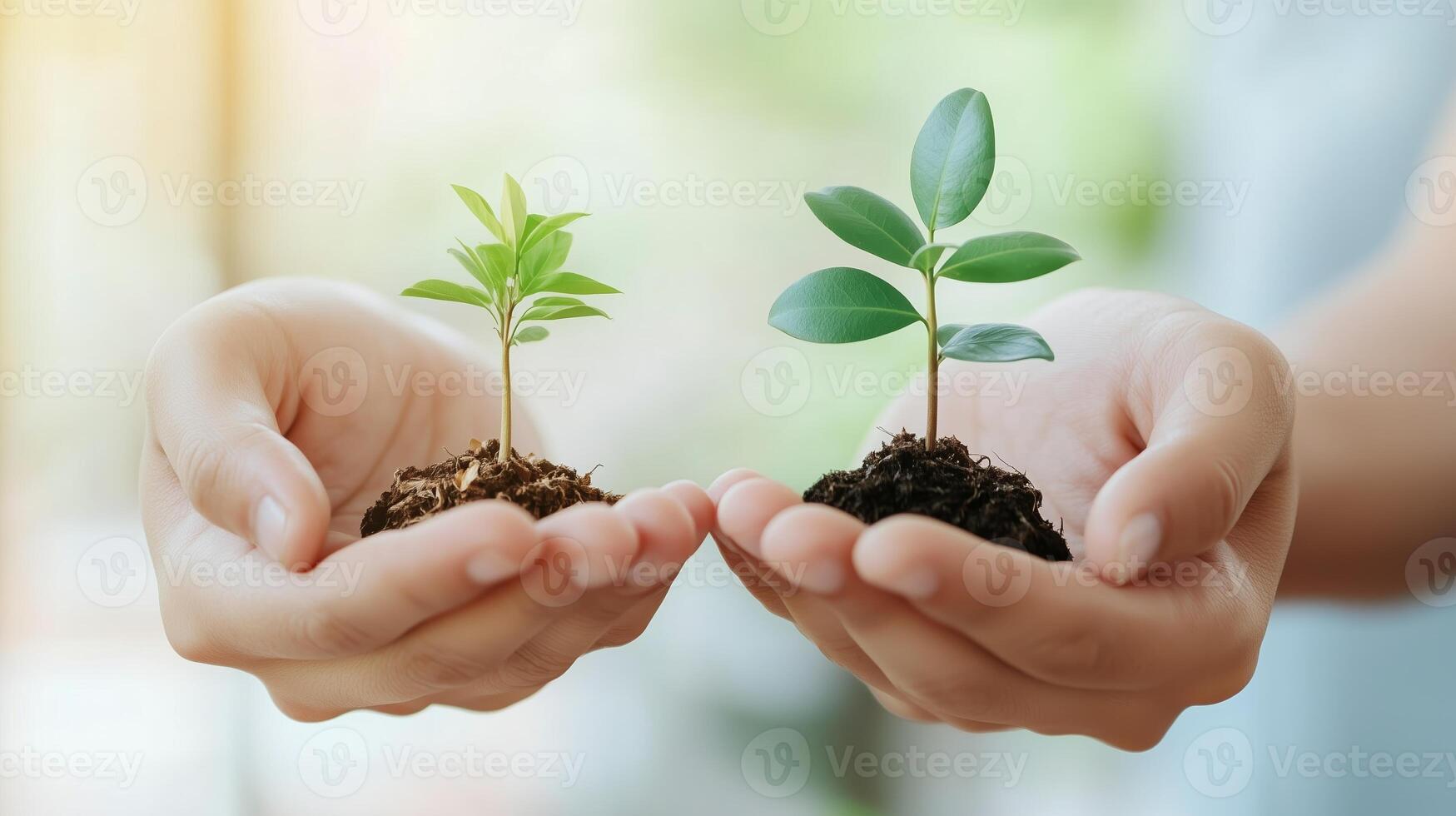 Two hands holding small plants with green leaves, illustrating growth and care in a bright, natural setting photo
