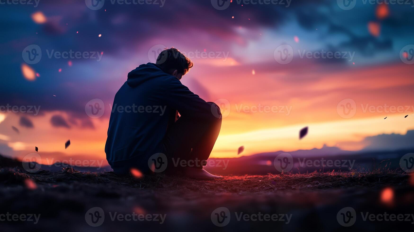 A solitary figure watches the sunset, immersed in reflection and quiet contemplation near a peaceful landscape during twilight photo