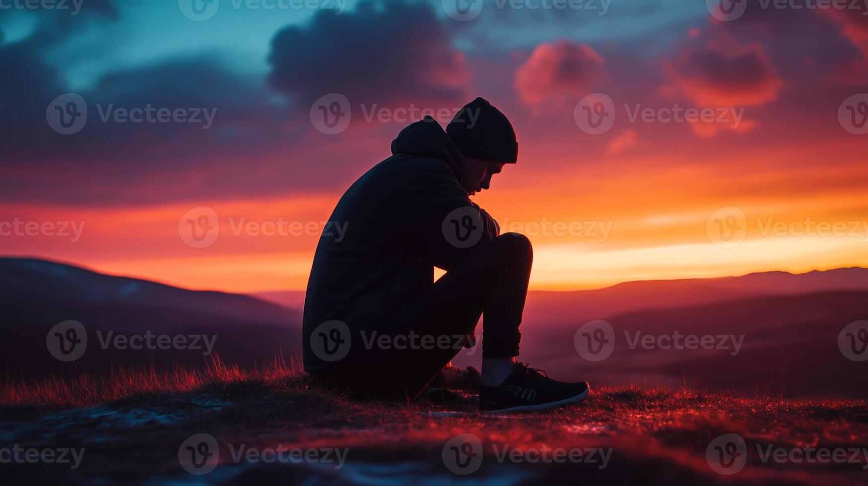 Young man sitting on a hilltop at sunset, reflecting on life as the sky lights up with vibrant colors over the horizon photo
