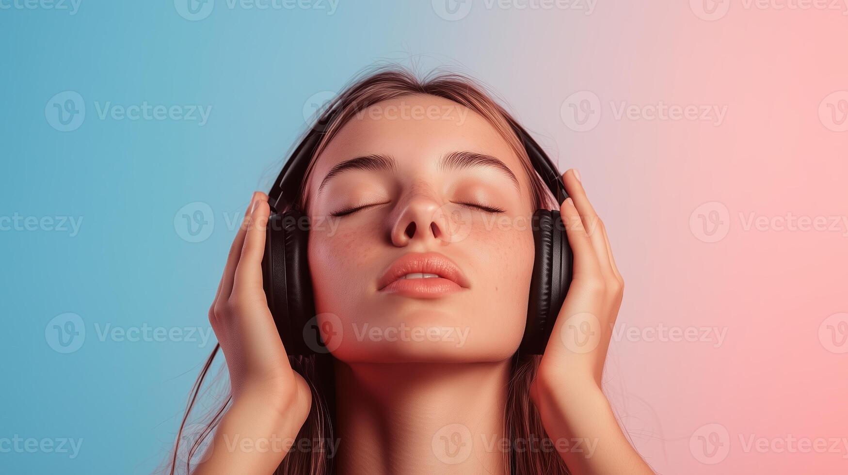 Young woman enjoying music with headphones against a colorful background in a relaxed indoor setting photo