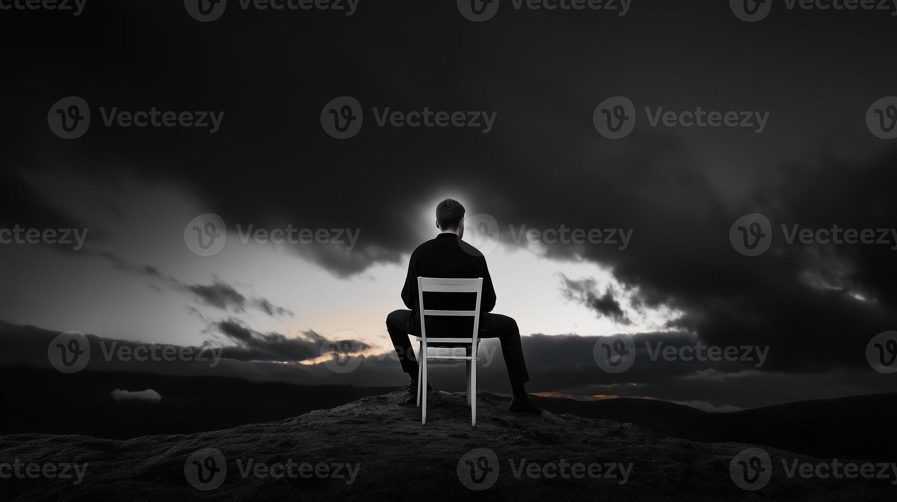 A person sits alone on a hilltop facing the horizon during twilight, surrounded by dramatic cloud formations and an impending storm photo