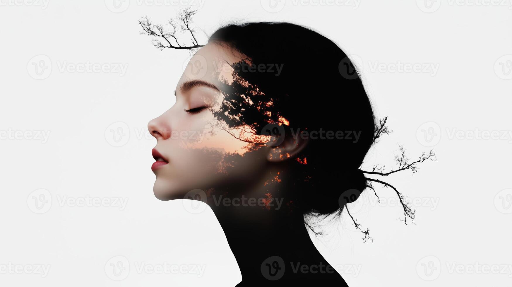 A serene portrait of a young woman blending with nature at sunset, showcasing artistic creativity and tranquility photo