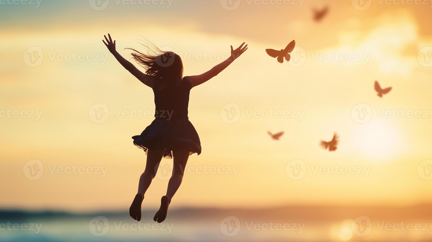A young woman joyfully jumping on the beach at sunset while butterflies flutter around her in a serene coastal setting photo