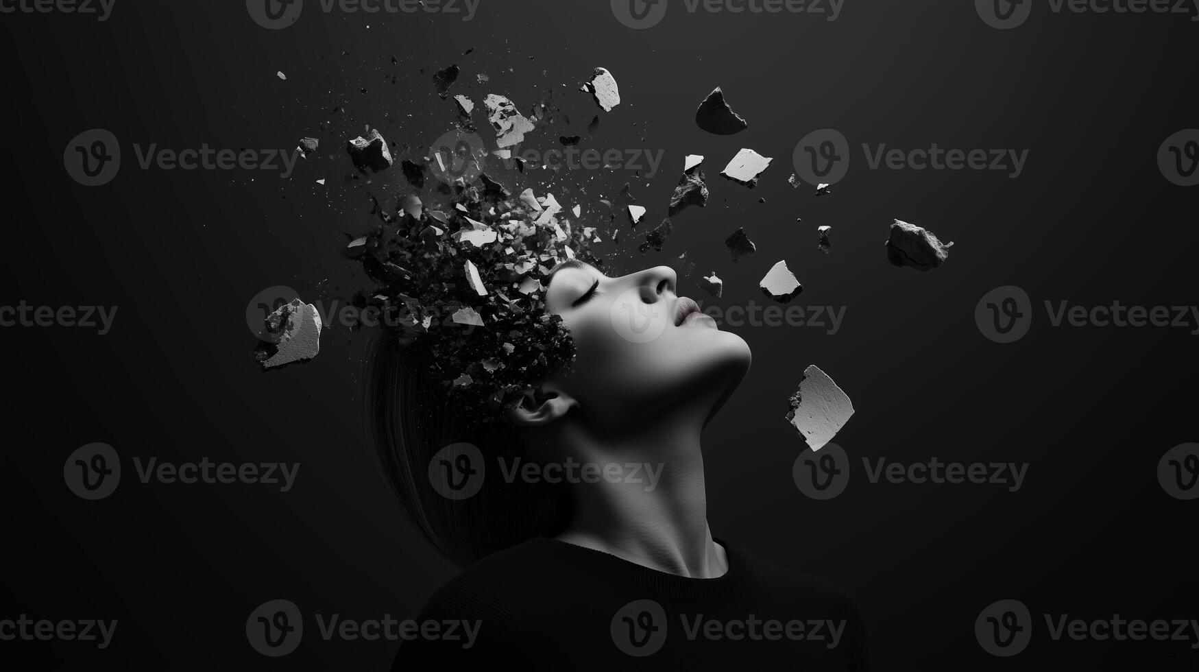 A woman in a black setting with an exploding head conveying an abstract representation of creativity and thought photo