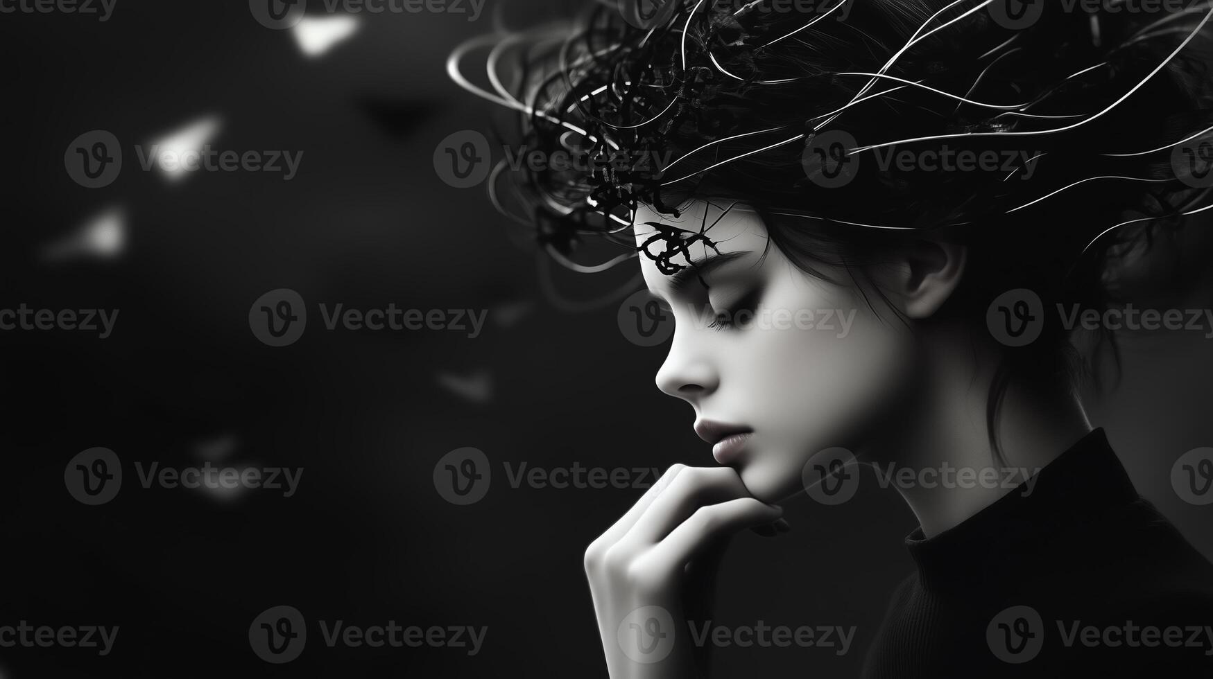 A young woman in contemplative pose with flowing dark hair adorned with abstract wire designs against a contrasting background photo