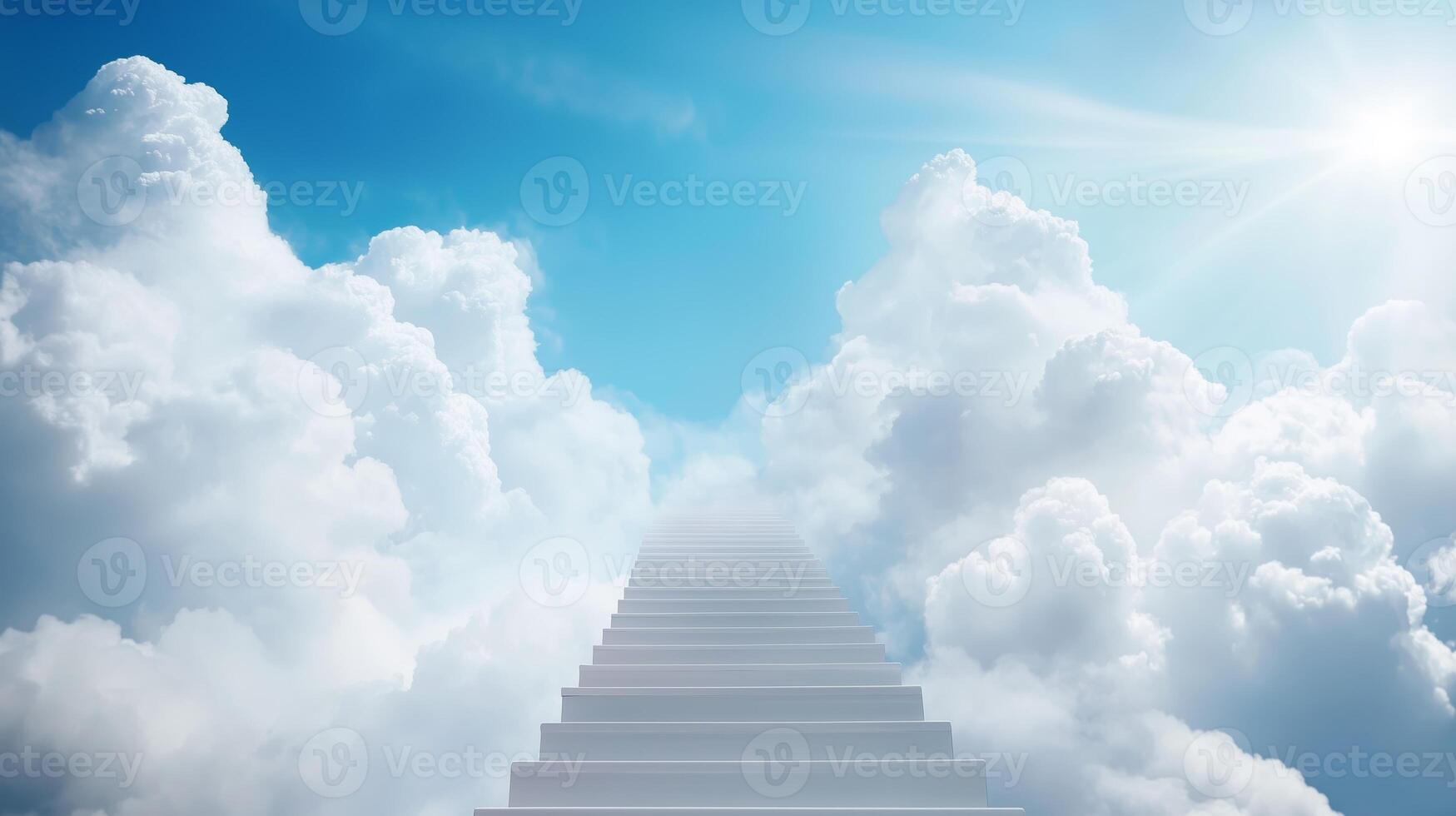 A serene staircase leads upwards into fluffy clouds under a bright blue sky, symbolizing an ethereal journey towards a hopeful future photo