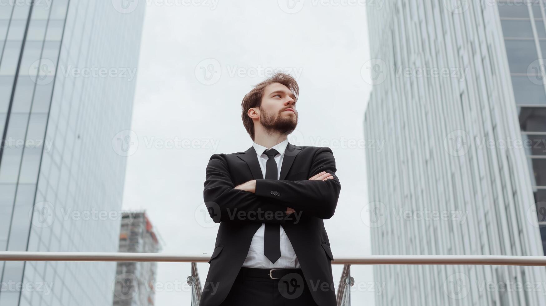 Business professional standing confidently in an urban setting with tall buildings under an overcast sky during the day photo