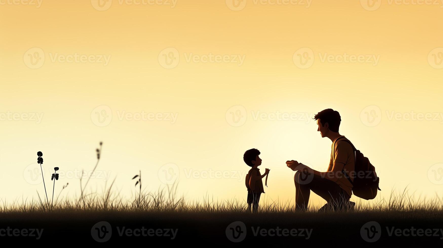 Father and child silhouette during sunset at a grassy field, sharing a valuable moment of connection and joy photo