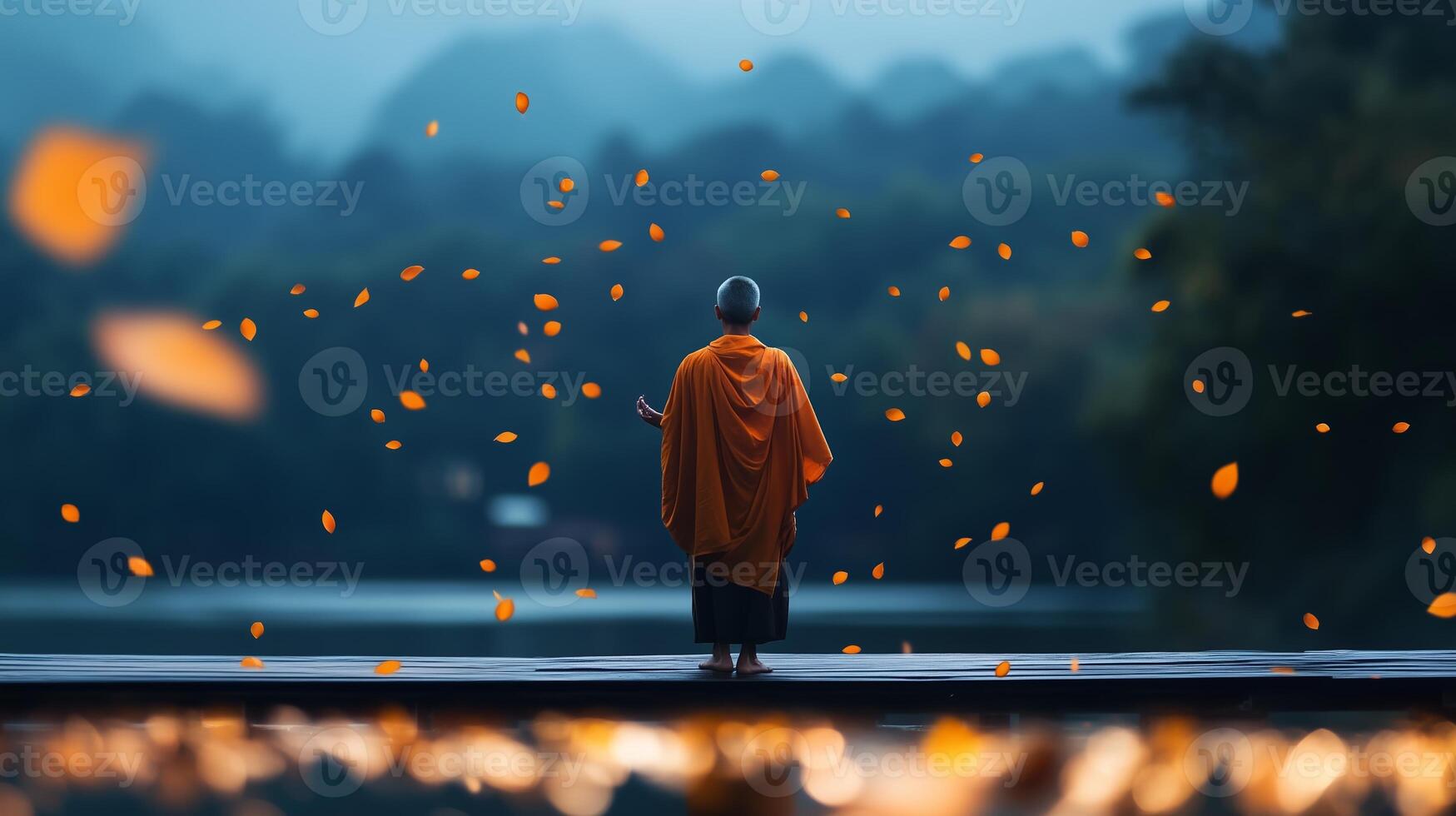 Monk in orange robe surrounded by falling leaves at serene lakeside during twilight photo