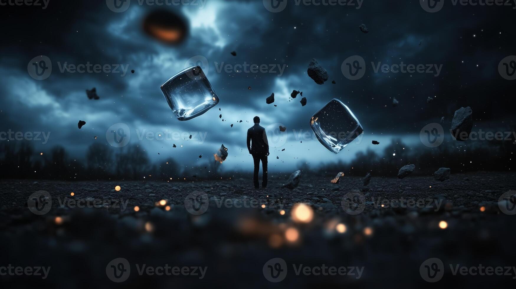 A figure stands in a dark landscape with floating cubes under a stormy sky during twilight photo
