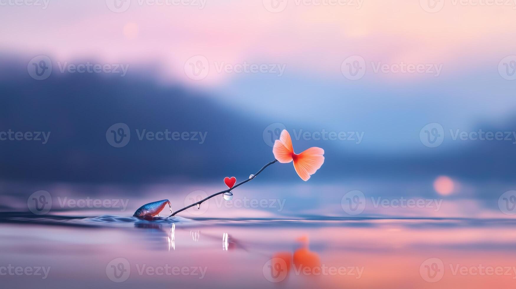 A delicate flower and heart-shaped leaf floating peacefully on calm water at sunset with soft pastel colors in the background photo