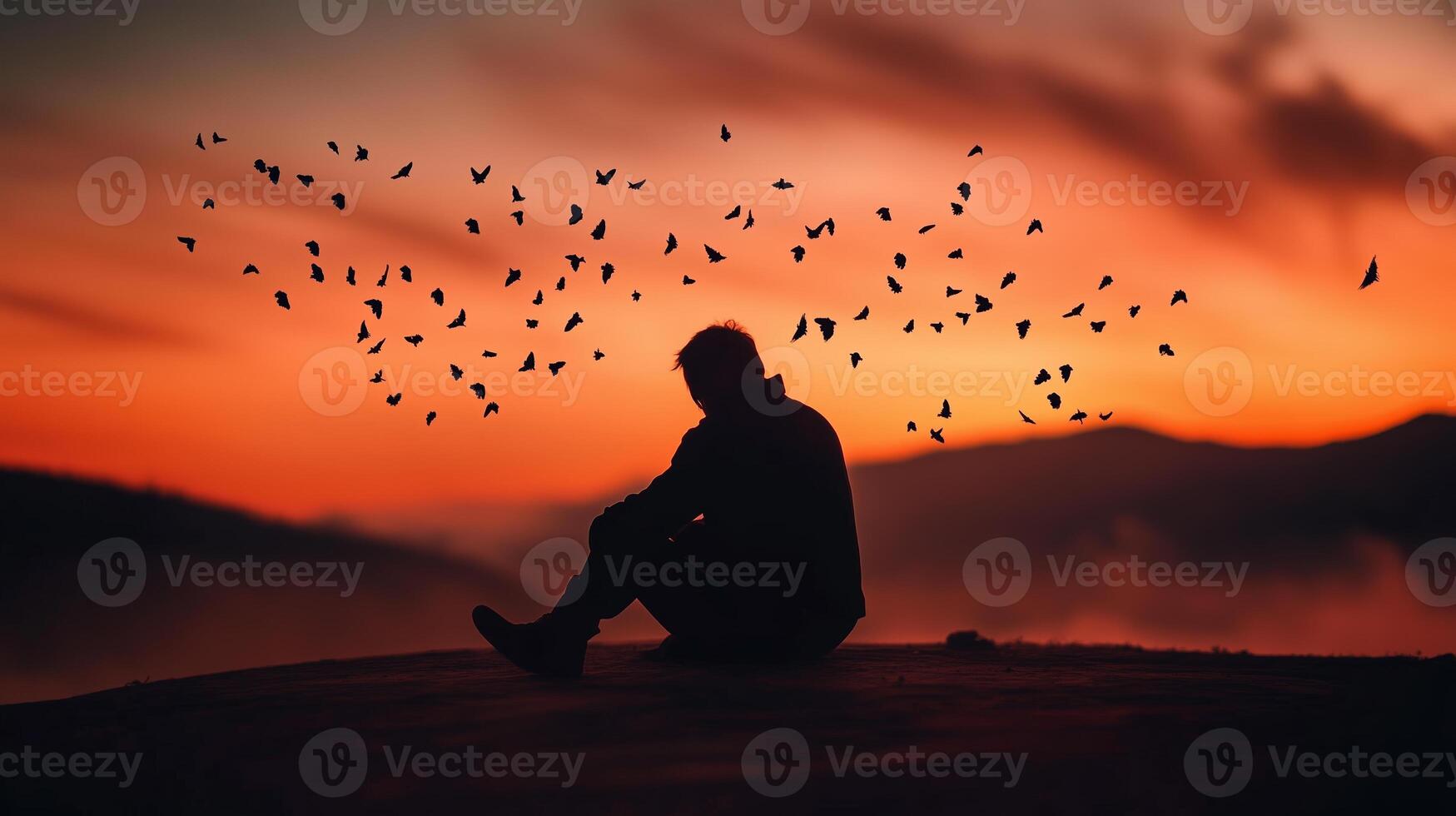 Silhouette of a person sitting on a hill at sunset with birds flying around in a colorful sky photo