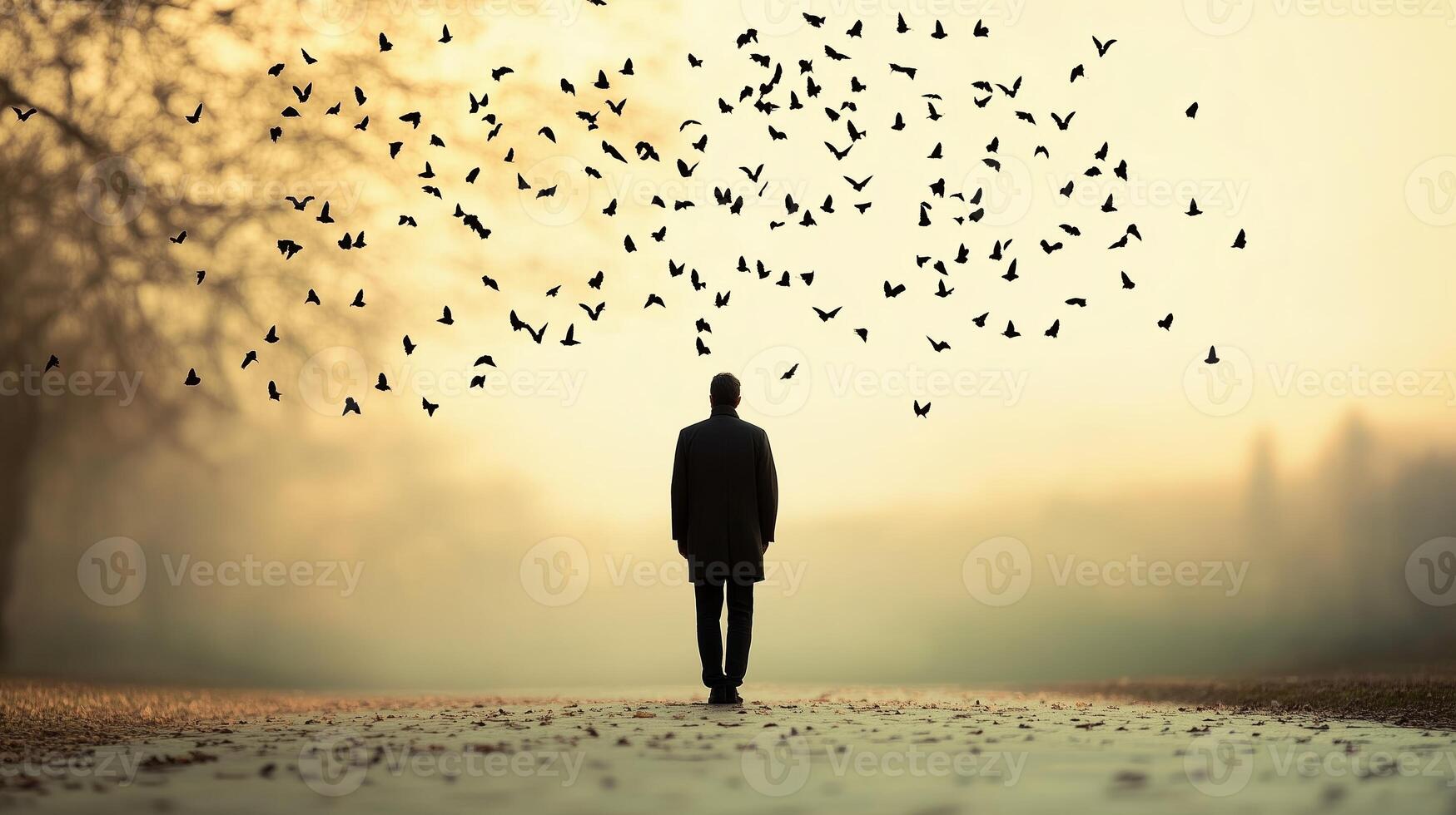 A solitary figure walking on a path as a flock of birds takes flight in a serene landscape during early morning light photo