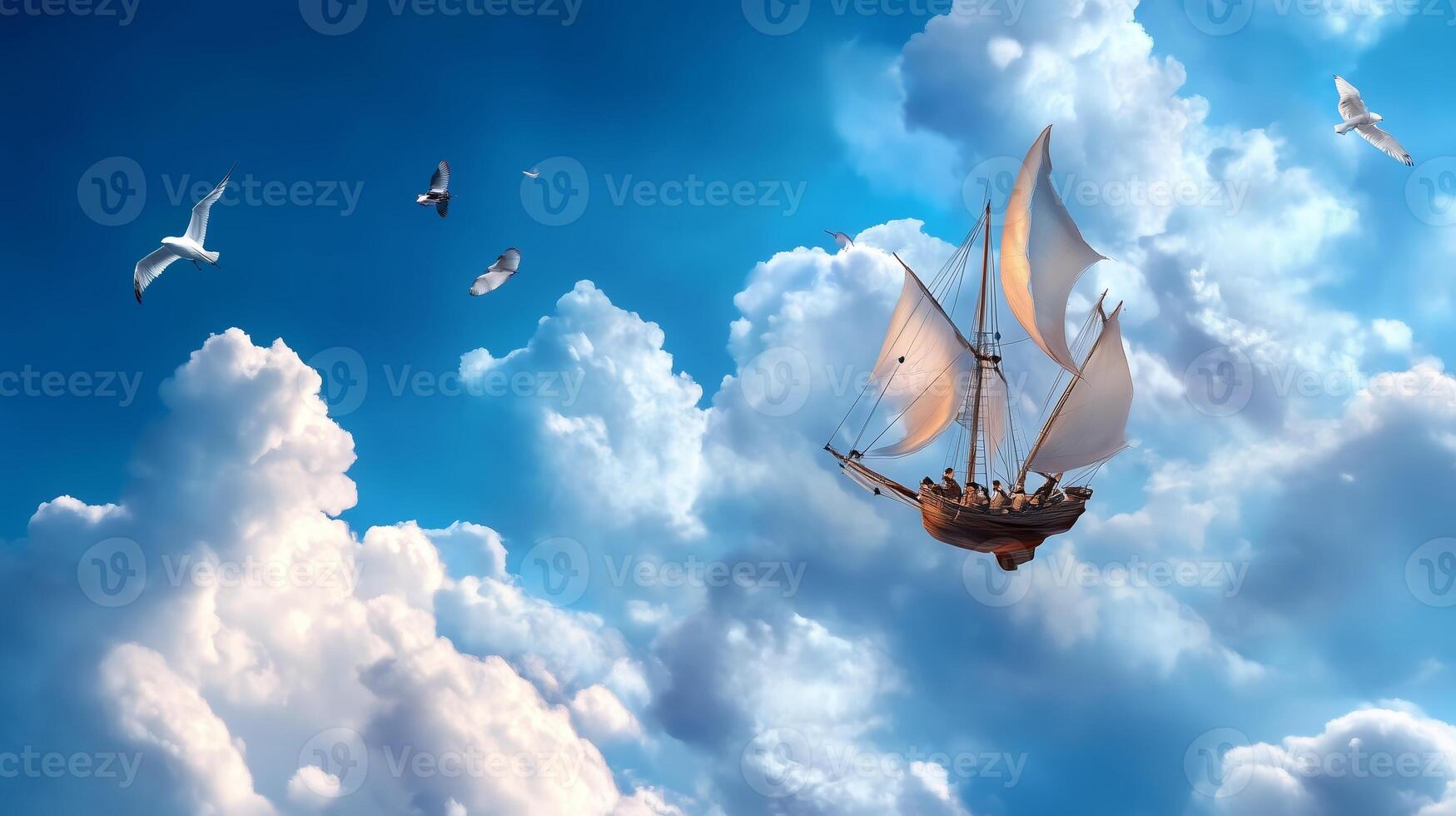 A sailing ship glides through fluffy clouds under a bright blue sky filled with soaring birds during a sunlit day photo