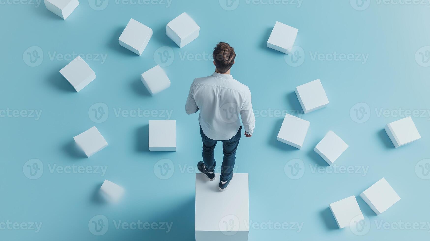 A person standing on a white pedestal surrounded by geometric shapes on a blue backdrop, contemplating decisions in a creative space photo