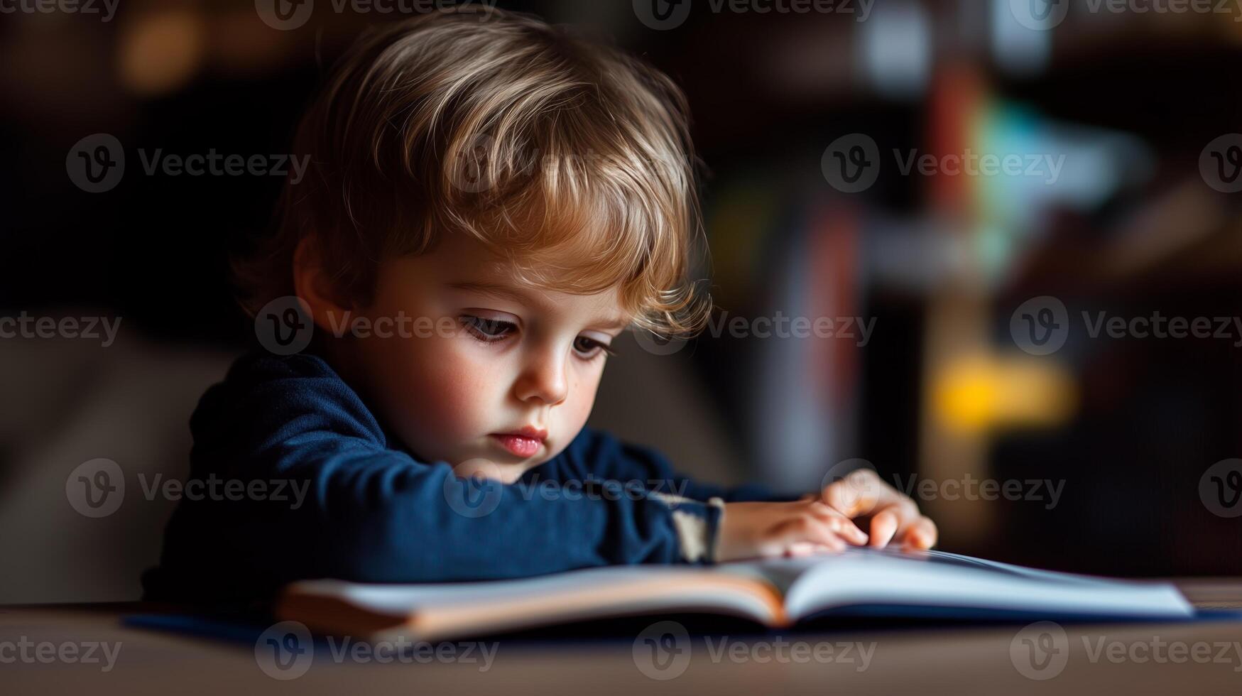 A young child focused on reading a book indoors in a cozy environment during daytime photo