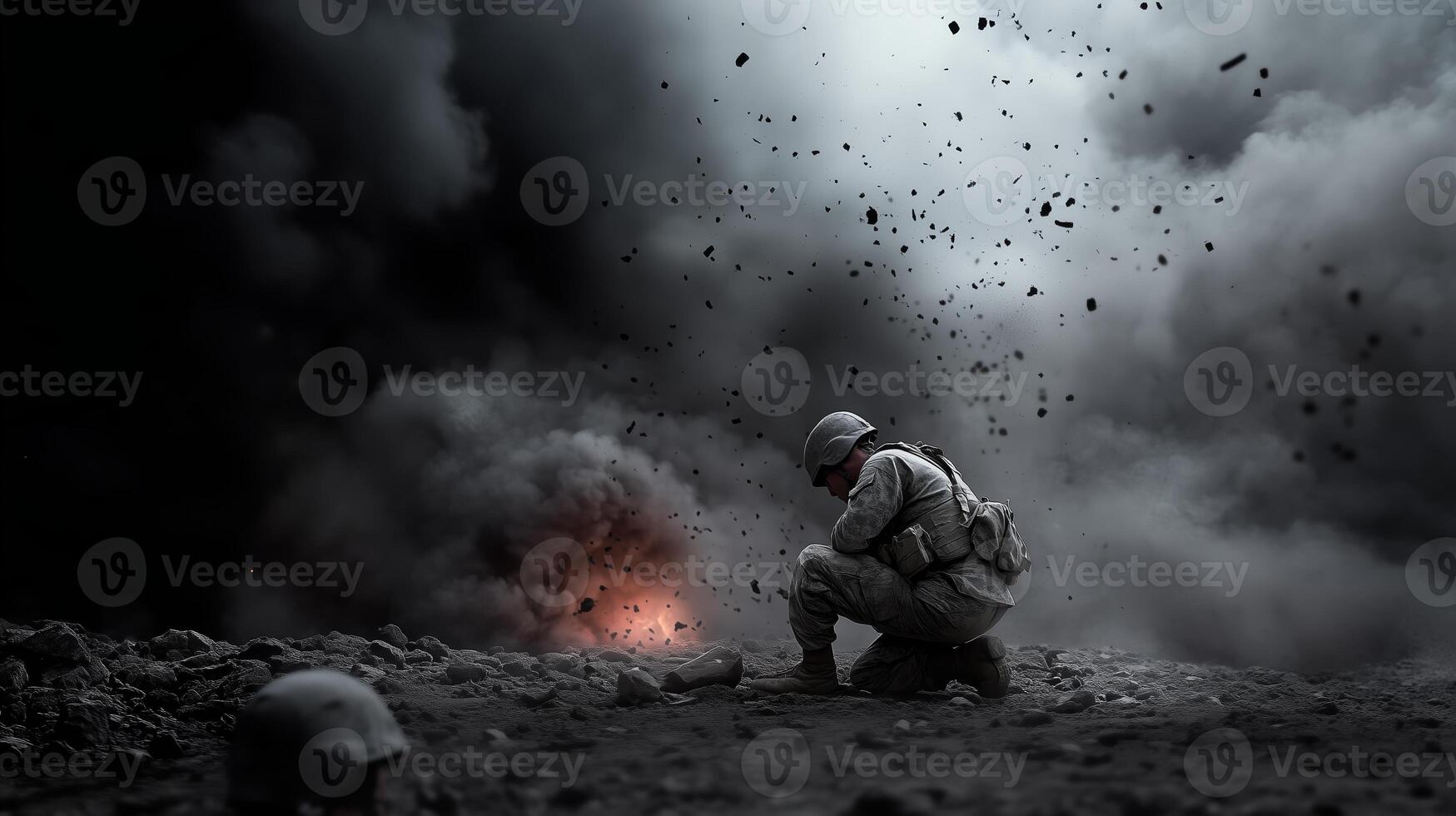 Soldier kneeling amidst explosions in a war-torn landscape during nighttime combat operations photo