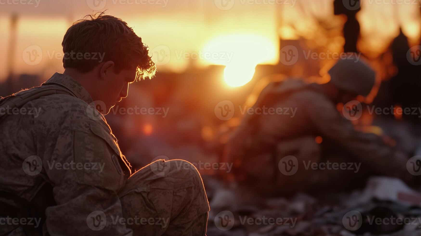 Soldiers reflect at sunset in a war-torn landscape, capturing moments of contemplation and camaraderie during deployment photo