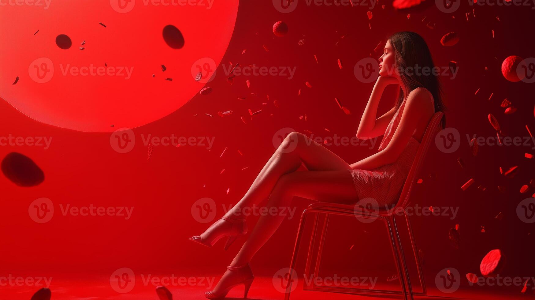 A woman sits gracefully in a red-lit room with floating petals and a large red sphere during an artistic expression session photo