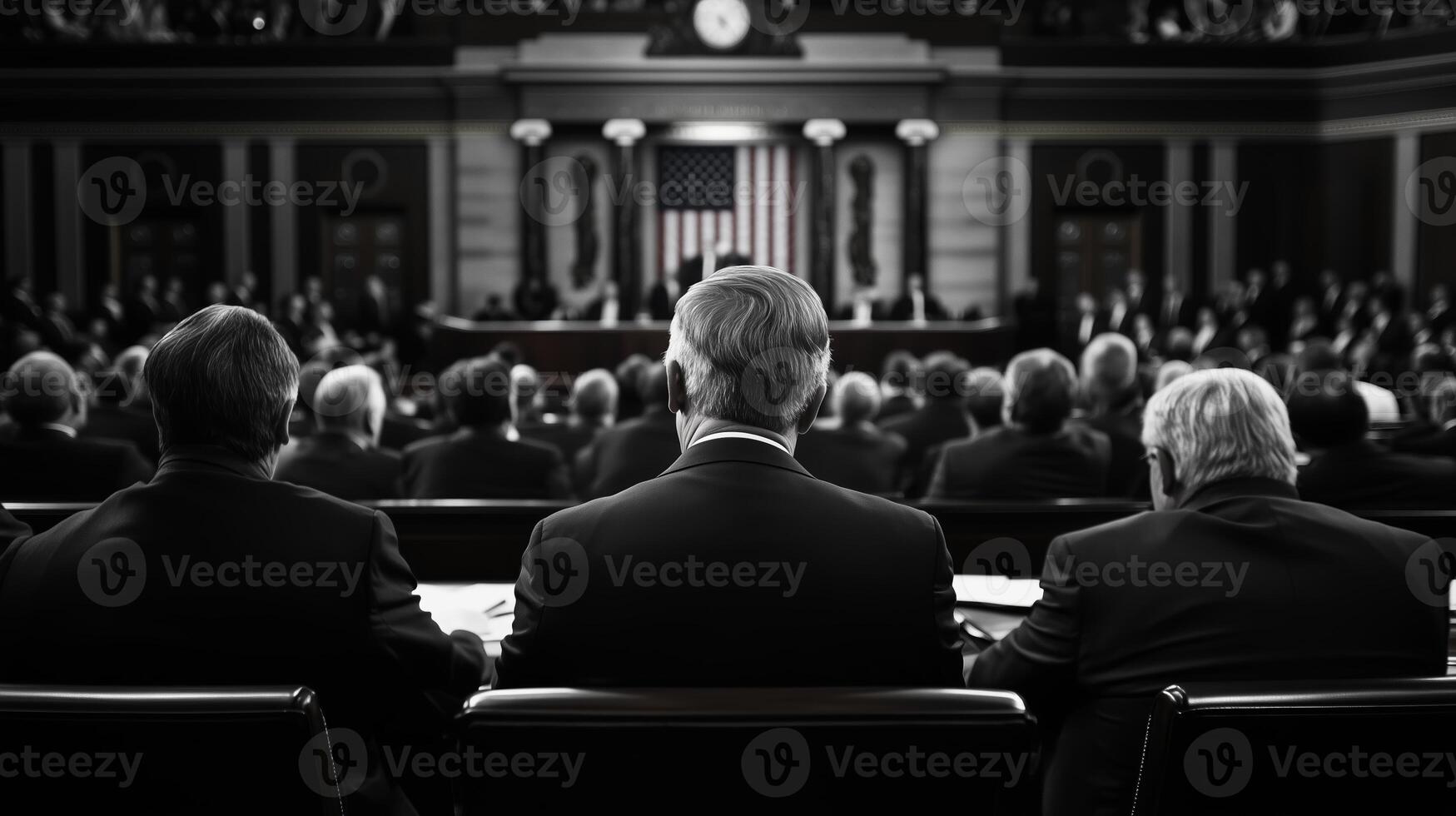 A tense moment during a congressional session featuring numerous politicians and a large crowd in attendance photo