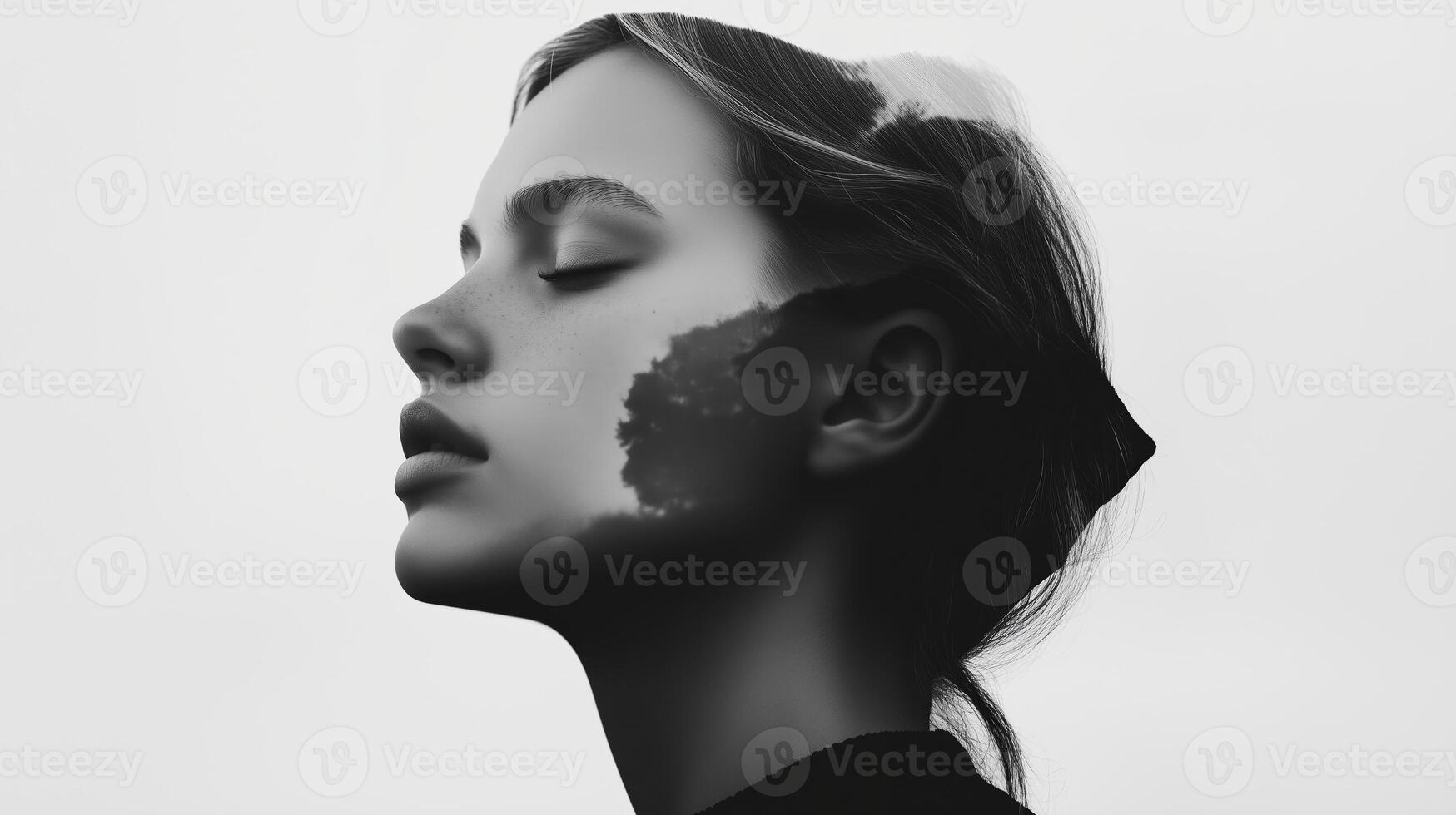 A profile view of a serene young woman with abstract paint patterns on her face against a minimalist background captured in monochrome photo