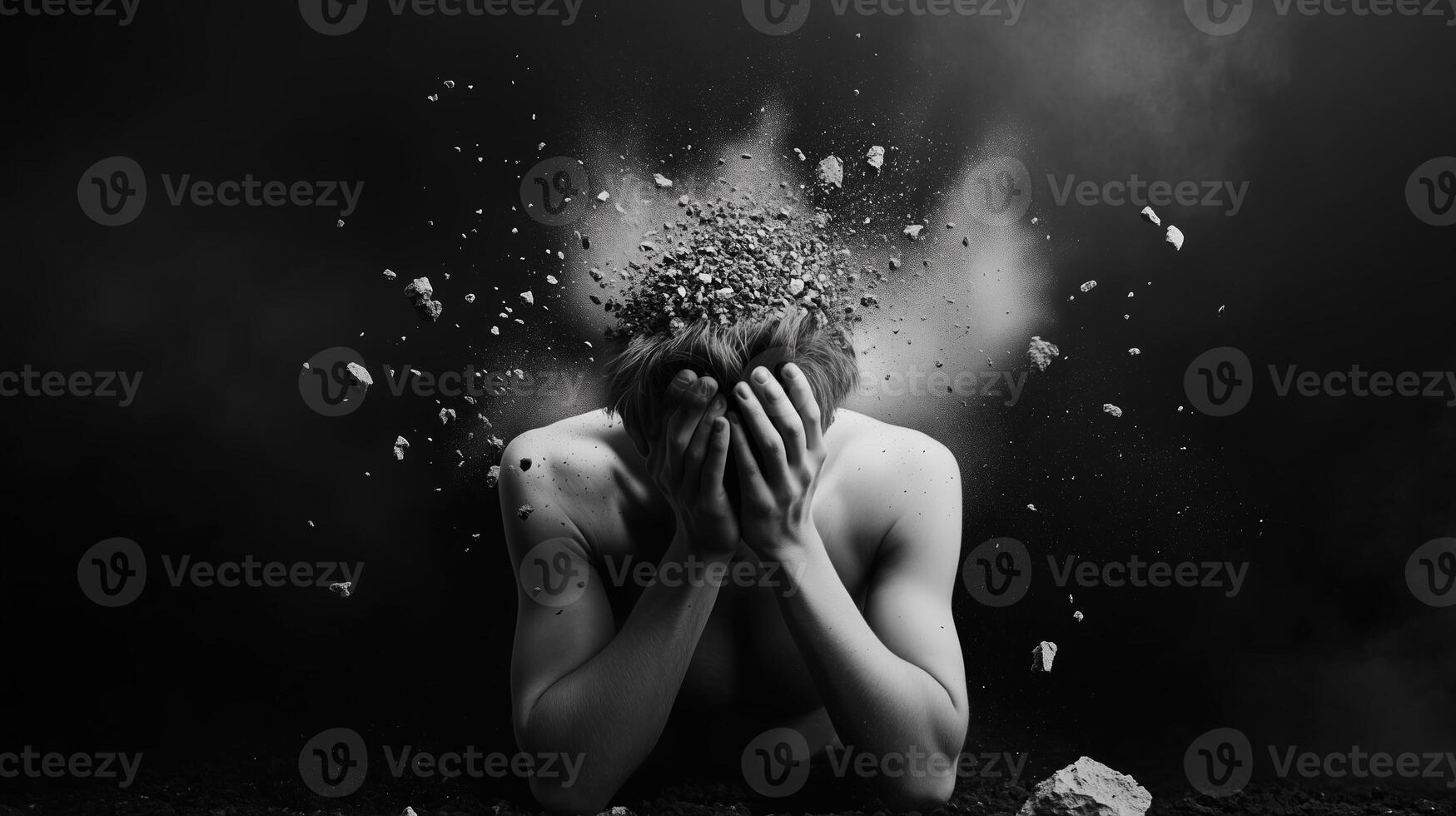 A person crouches with hands on their head as dust and debris explode from their mind in a dramatic black and white setting photo