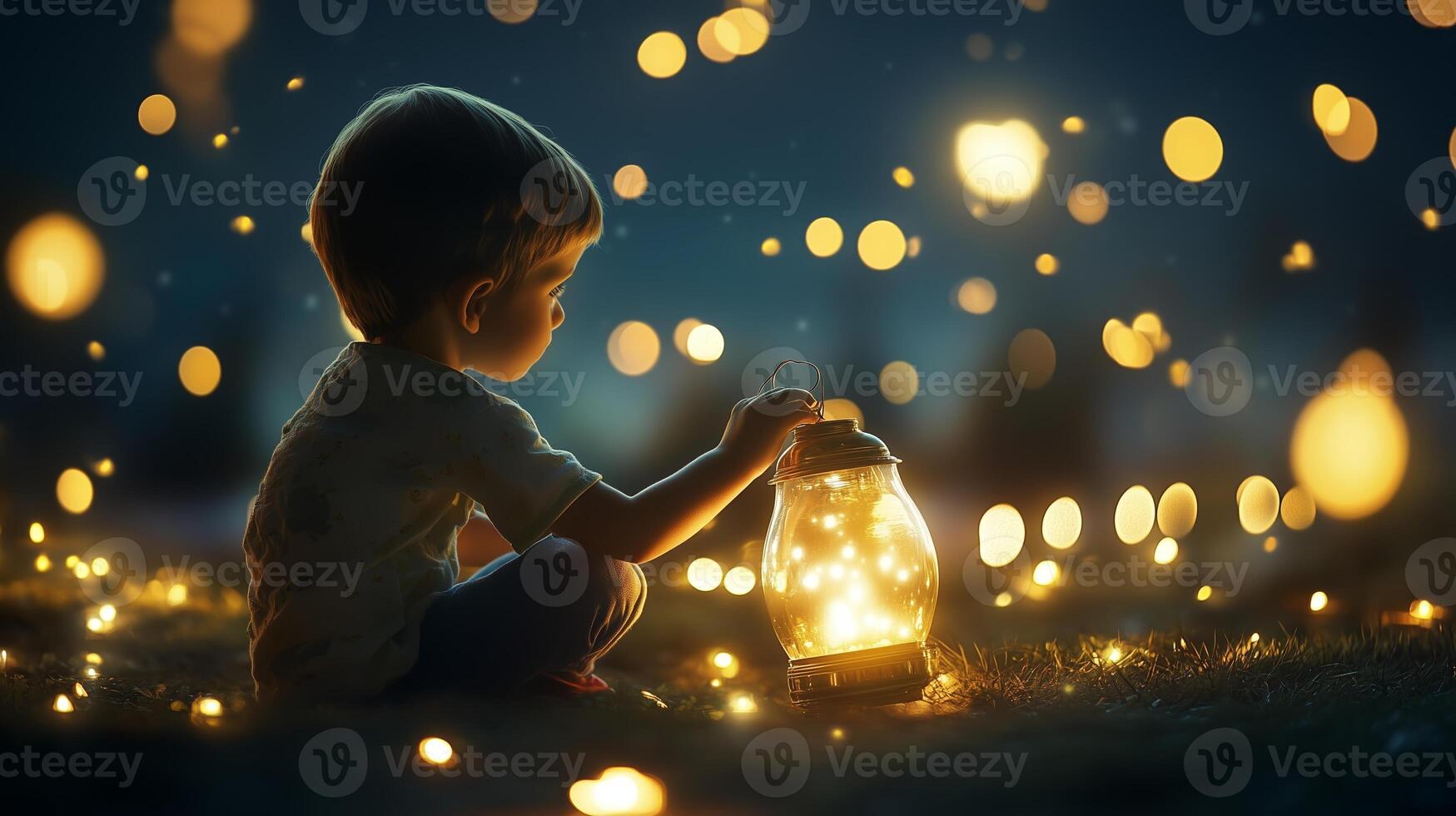 A child sits quietly outdoors at dusk, holding a glowing lantern surrounded by twinkling lights in a serene atmosphere photo