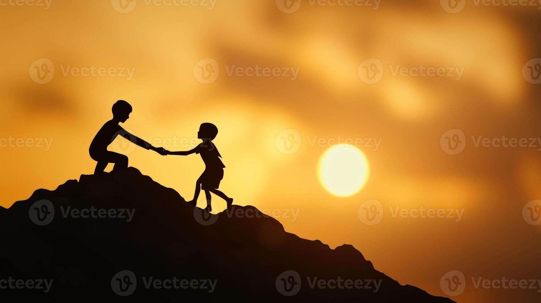 Two children climbing a mountain together at sunset, symbolizing friendship and teamwork in a scenic outdoor setting photo