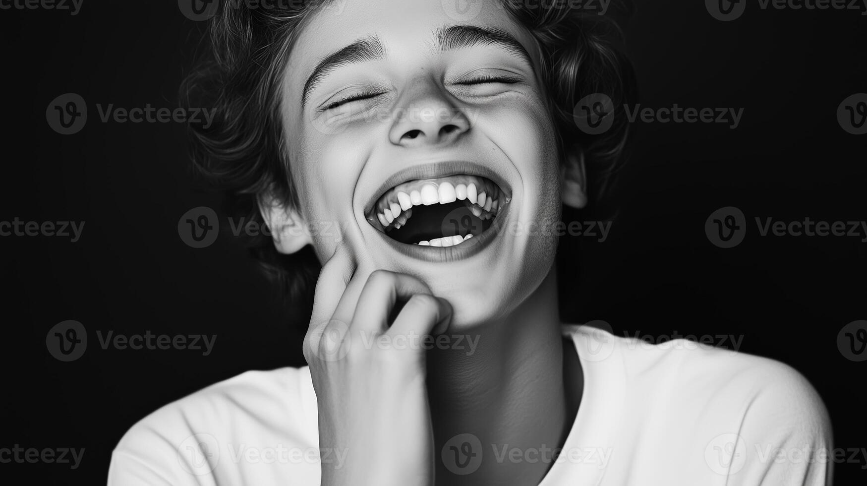 A young boy laughing heartily in a black and white portrait captured indoors during the day photo